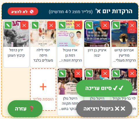 מצב עריכה - כפתורי סיום עריכה, ביטול ועזרה, ותג הסתרת קבוצה